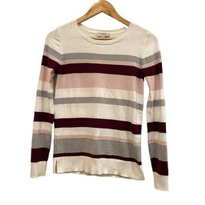 Loft Outlet Women's White Burgundy Silver Pink Striped Crewneck Sweater, Size XS